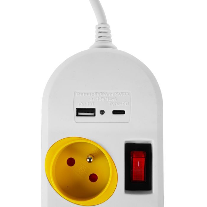 Regleta eléctrica Maclean MCE508 W con 4 tomas de corriente + 2 puertos USB, interruptores individuales y cable blanco de 1,5 m.