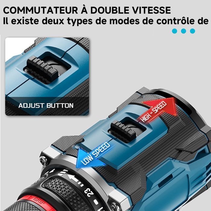 Taladro atornillador inalámbrico POWTOOLS - Motor sin escobillas con 2 baterías, 25+3 ajustes de torque