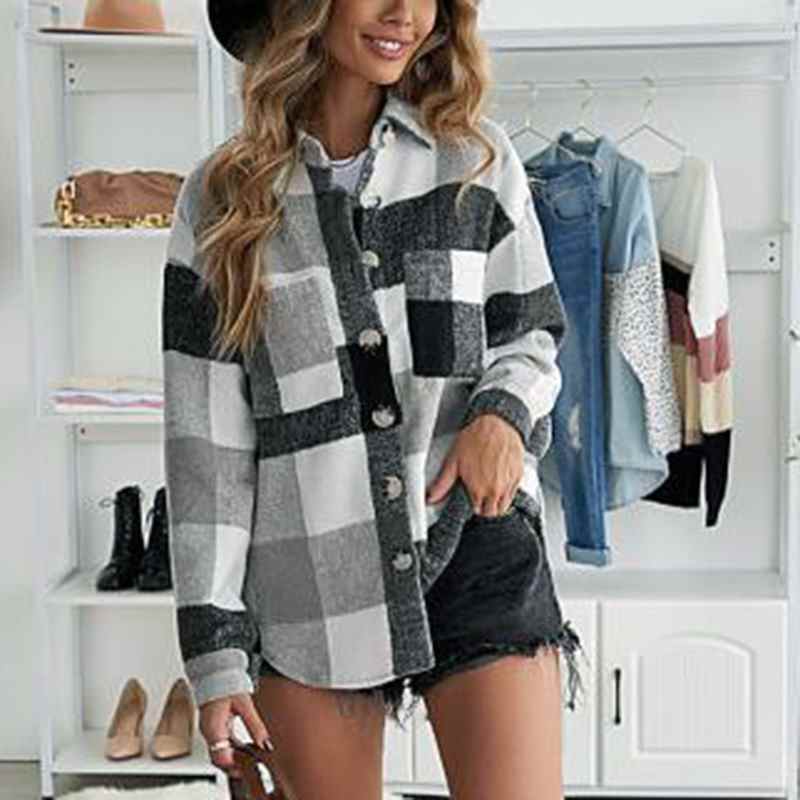 Autumn Plaid Jacket Women Overshirt Shackets Long Checkered Jacket Female Long Sleeve Winter Coat Shirt Jacket For Women