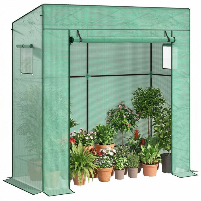 Tuinkas - Outsunny - balkonkas met versterkte hoes van 140 g/m², deur met ritssluiting, 2 ramen - staal - 196x77x197cm - groen