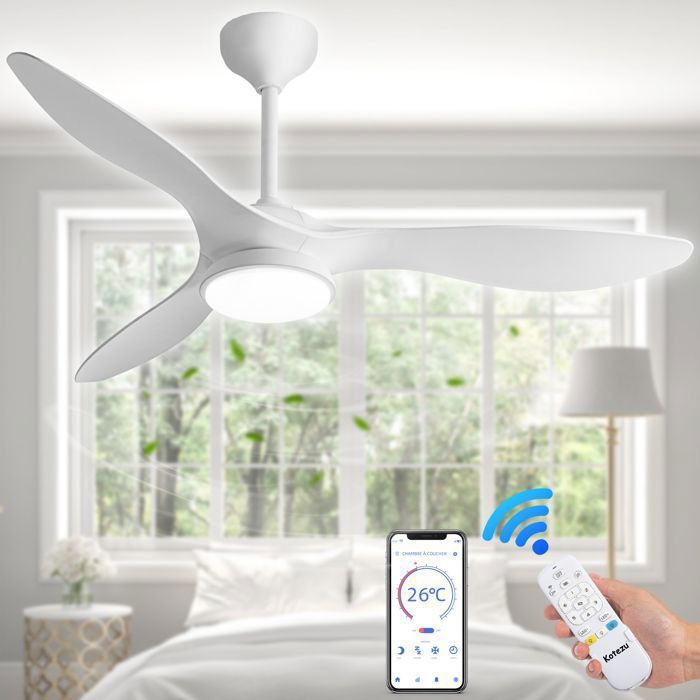 Ventilateur Plafond avec Lumière LED à Intensité Variable, 132 cm, Télécommande/Mode Hiver-Été/Silencieux/Moteur CC 30W, Blanc