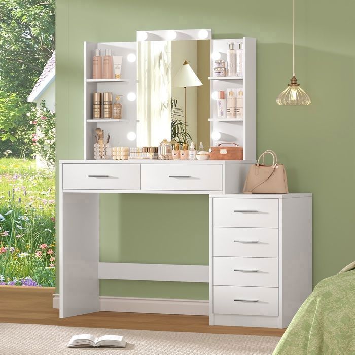 TEENFON Coiffeuse avec miroir, Coiffeuse avec 6 tiroirs et 4 étagères, 105*35*138cm, blanc