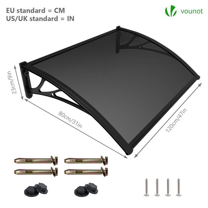 VOUNOT® Marquise auvent de porte d'entrée 120x80cm - Polycarbonate - Anti-UV - Anthracite