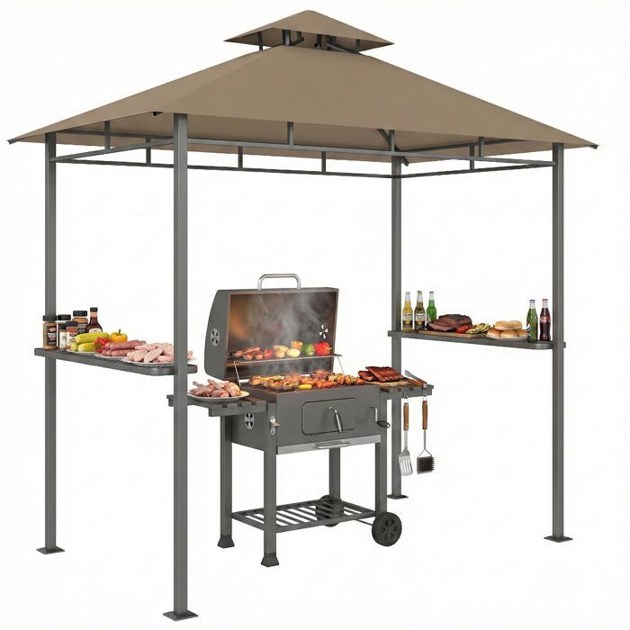 Abri barbecue extérieur - Outsunny - double toit, 2 étagères latérales - cadre en métal - 245x146x255cm - marron