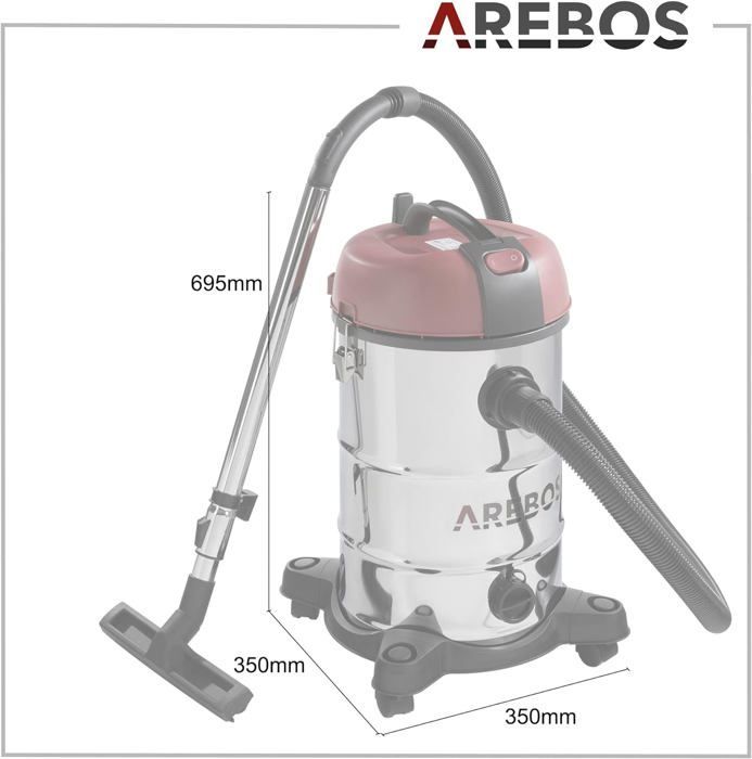 AREBOS Aspirateur Industriel | Aspirateur Sec et Humide avec Filtre | 1800W | 30L | Acier Inoxydable | Rouge
