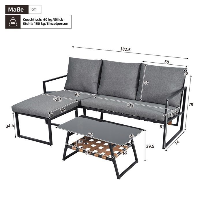 Grey Garden Set - Chair, Table, Tea Set, Footrest - Galvanized Steel, Glass - Ideal for Outdoor Pools, Durable, Comfortable