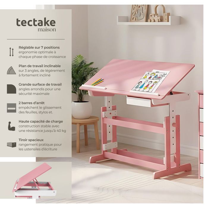 BUREAU ENFANT - TECTAKE - Bureau Enfant Réglable en Hauteur et Inclinable 109 cm x 55 cm x 94 cm + Tiroir de Rangement - Rose Vif