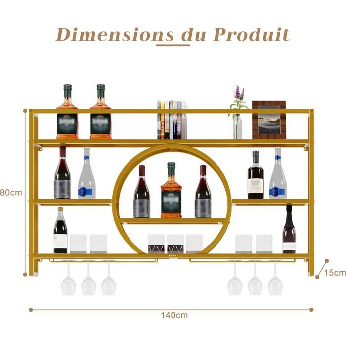 GOOBUY 140cm Metal Wine Glass Holder, Wall-Mounted Bottle Rack, Wine Rack with Light, Wine Bottle Organizer, 140x15x80cm, Gold