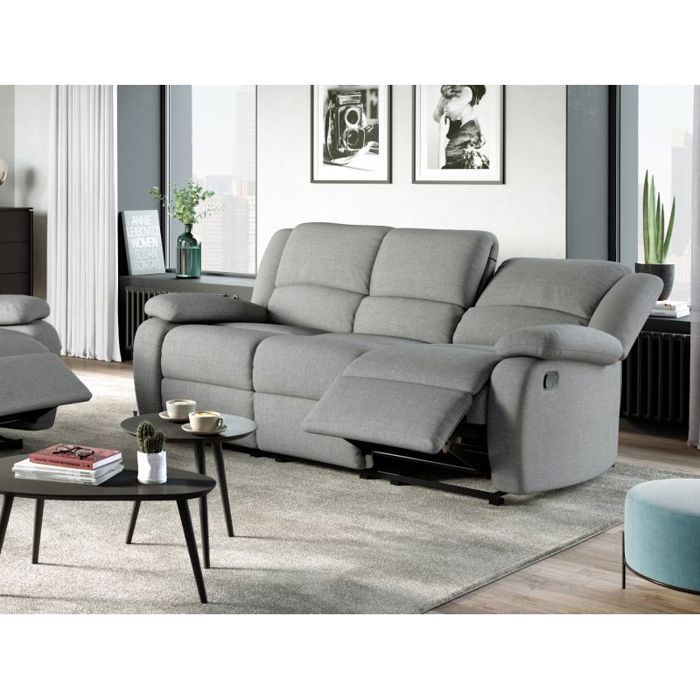 LEO 3-Sitzer Relaxsofa aus Stoff – Hellgrau – B 193 x T 93 x H 96 cm – LOUNGITUDE