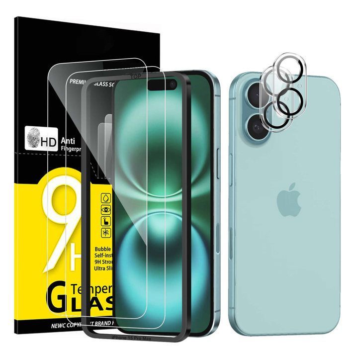 Kit de 4, 2 x Verre Trempé pour iPhone 16 (6,1 Pouces) et 2 x Protection Caméra Arrière - Anti Rayures - sans Bulles d'air