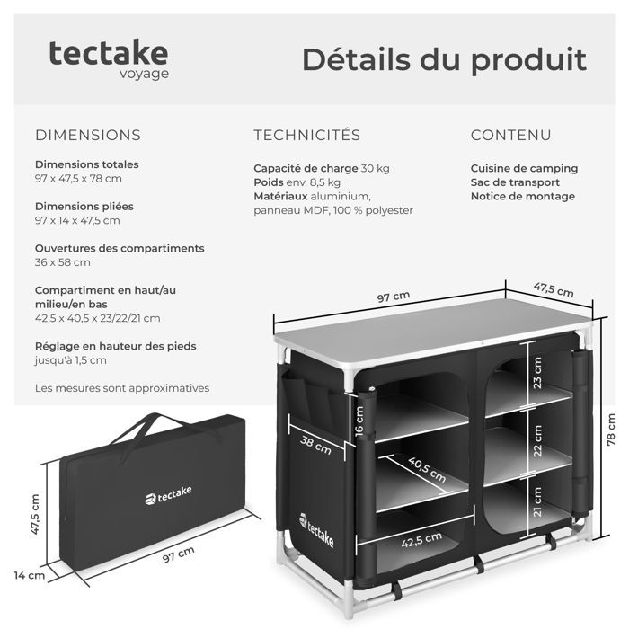 Muebles de camping - TECTAKE - Armario plegable con 6 compartimentos y bolsa de transporte incluida 97 x 47,5 x 78 cm - Negro
