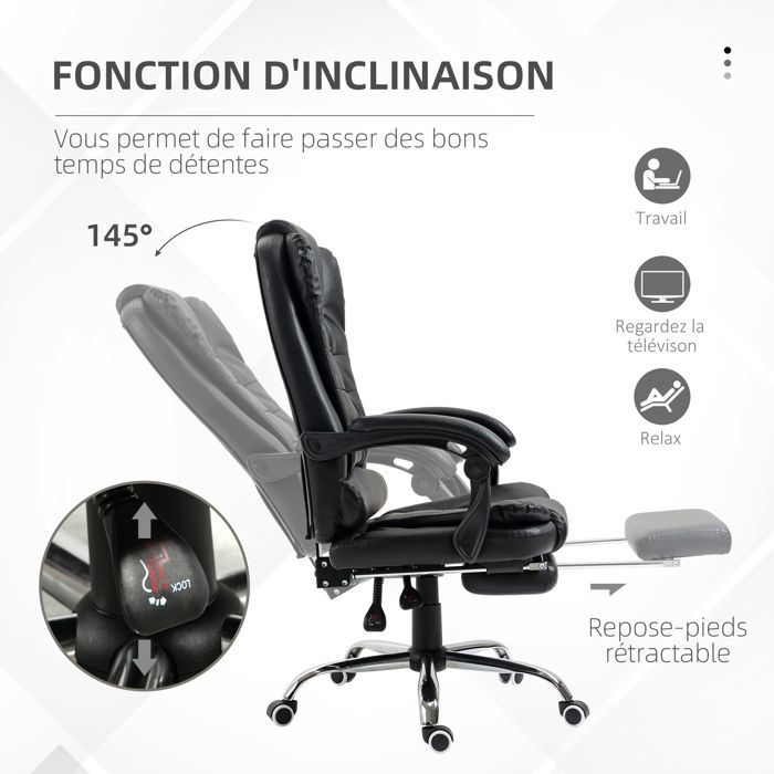 HOMCOM - Silla de oficina - Tapicería sintética de PU - 64,5 x 69 x 117 cm - Negra