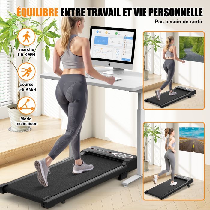 Tapis de course 1-8 km/h avec télécommande et écran LCD - Surface de course 92 x 38,5 cm Noir pour débutants