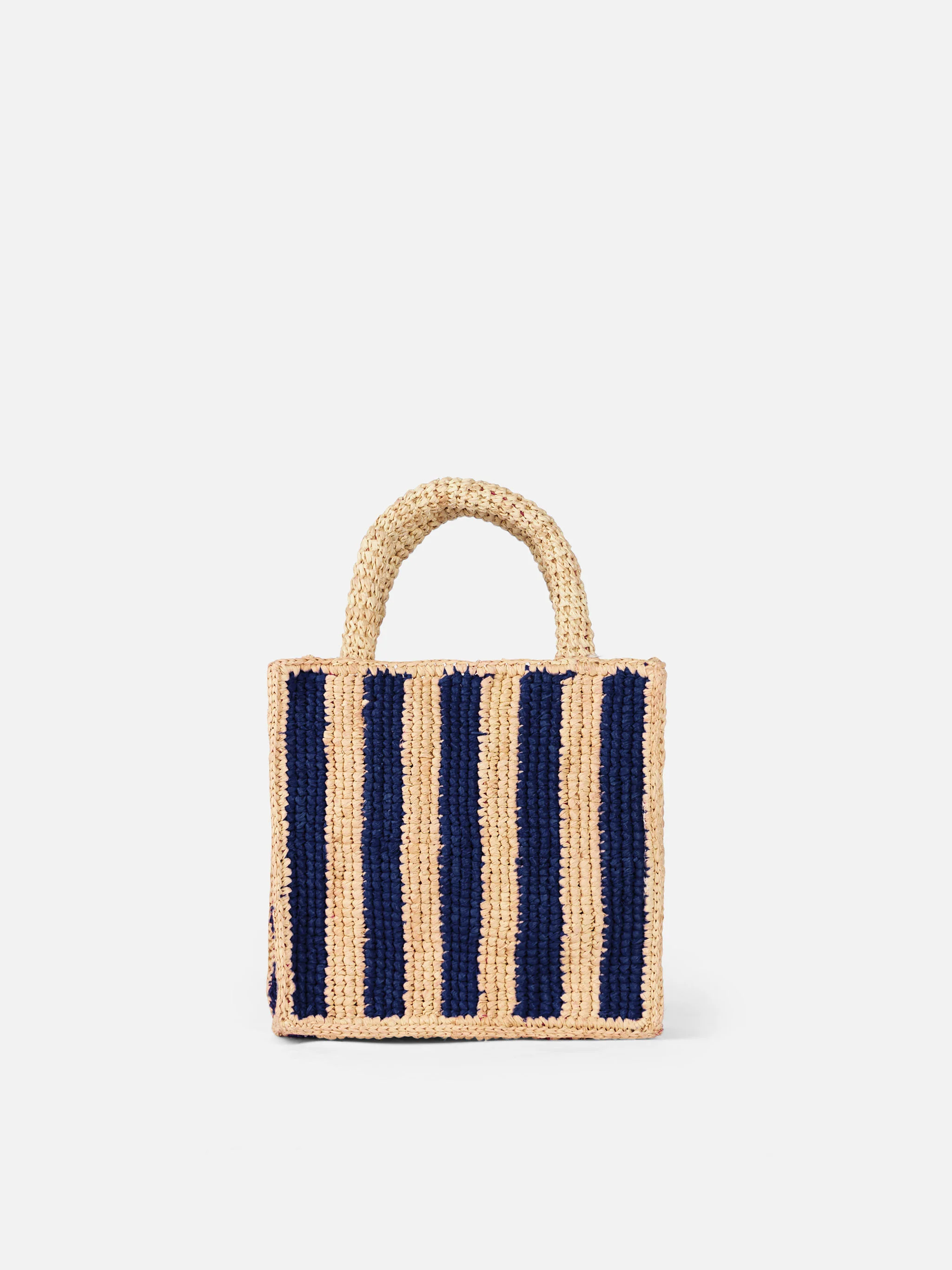 Mini-Kosmetiktasche aus Bast in blauen Streifen mit Stickerei