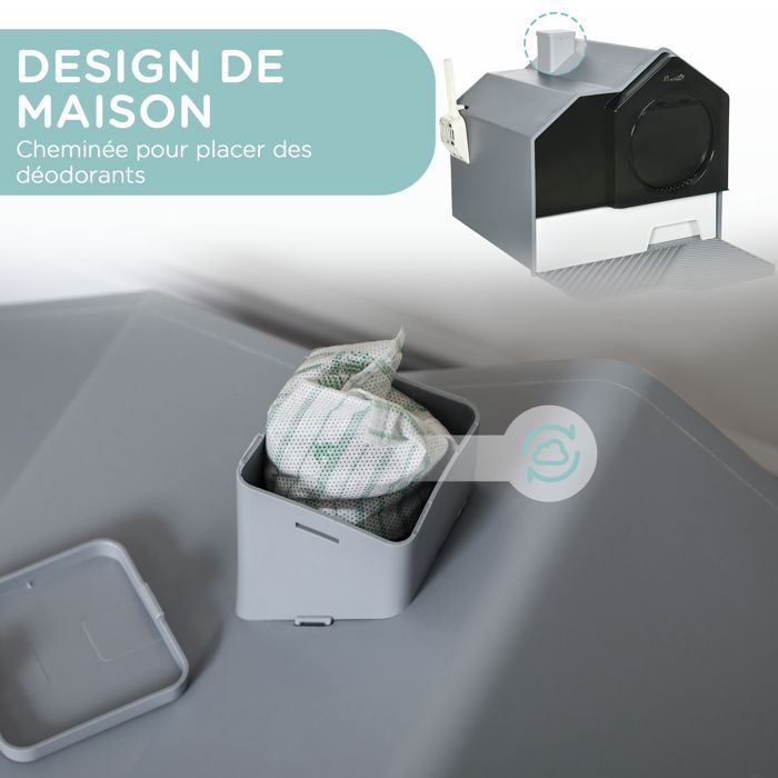 Maison de toilette pour chat - PawHut - bac à litière design maisonnette porte battante pelle tapis - plastique - 47x45x42cm - gris
