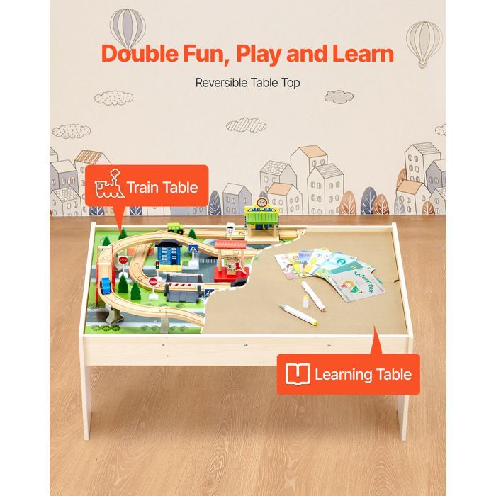 Mesa de juego de trenes de madera VEVOR - 84 piezas - Caja de almacenamiento plegable - Mesa de actividades 3 en 1 de doble cara - Para niños de 3 años en adelante