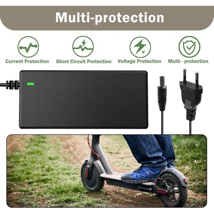 Chargeur pour trottinette électrique et hoverboard 42V 2A, 6 connecteurs inclus (DC5.5x2.1/DC5.5x2.5/8mm 3 broches/12mm 3 broches),