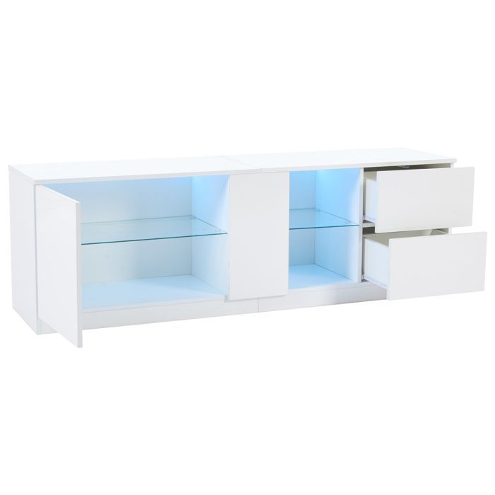 Mueble para TV KoDise blanco, mueble para TV de 160 cm con iluminación LED, 2 cajones y 1 puerta - para salón y dormitorio.