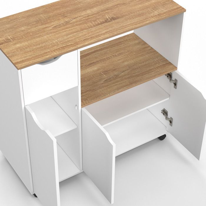 IDMARKET COSI XXL Kitchen Microwave Cart with Cupboards, White Wood Drawer and Beech-Effect Shelves, 90 cm Wide