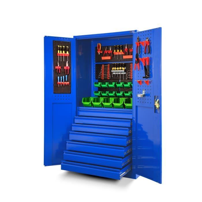 TC007 Gereedschapskast, metalen werkplaatskast met 7 laden, draaideuren, plaatstaal, 185 cm x 92 cm x 50 cm (blauw)