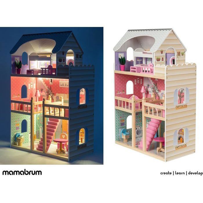 MAMABRUM Puppenhaus 60x30x90 cm LED 3 Etagen