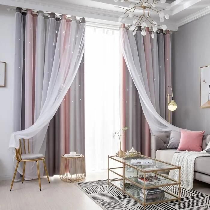 2 pièces - Rideaux occultants à double épaisseur pour la chambre  le salon, avec étoiles ajourées en dégradé simple 100x250cm-Gris
