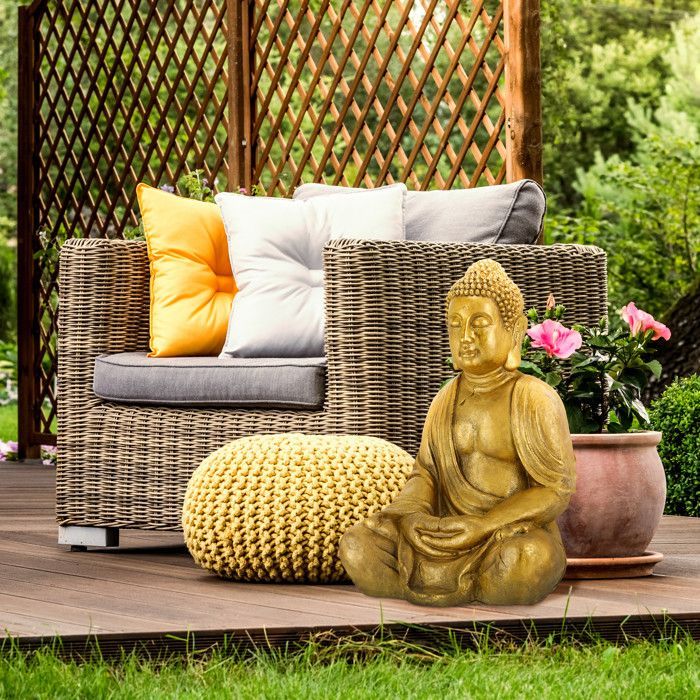 Relaxdays Buddha Statue for Garden, Weatherproof and Frost Resistant, Seated, XL Decorative Object, H x W x D 70 x 45 x 35 cm, Gold