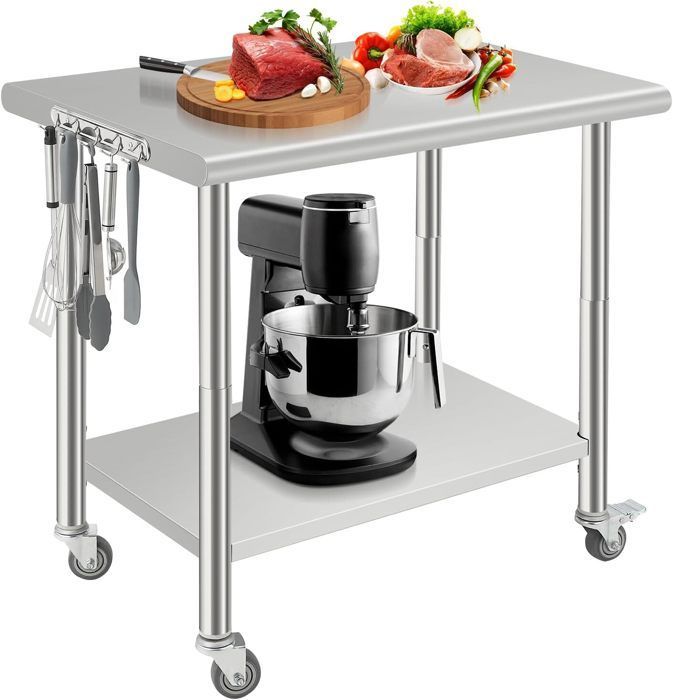 Table de Travail - INOX - 91x61x90cm - 2 Étagères - Roulettes - Réglable