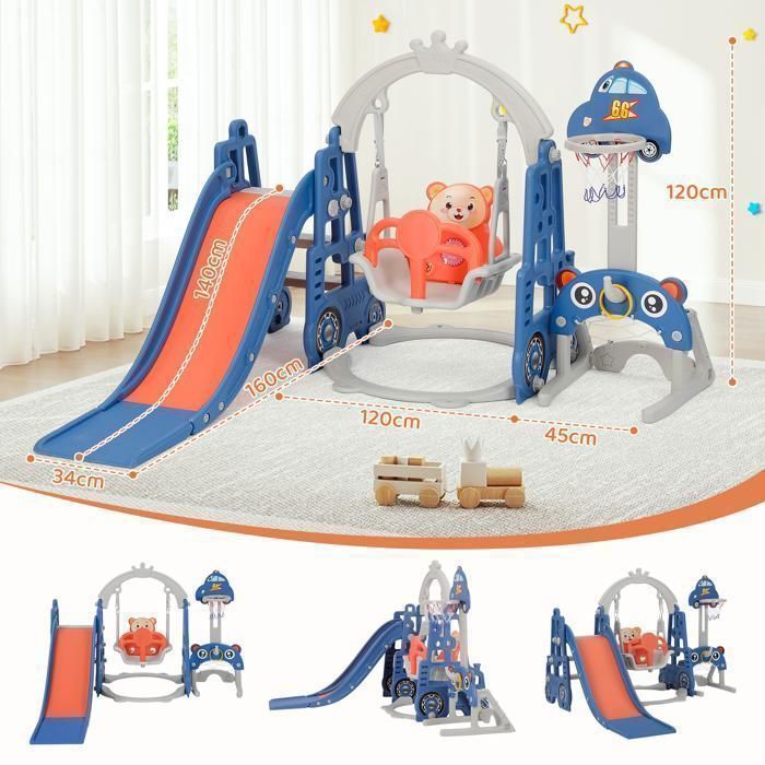 Scivolo per bambini 5 in 1 con altalena, scivolo, canestro da basket, porta da calcio, gioco del lazo, hockey, blu