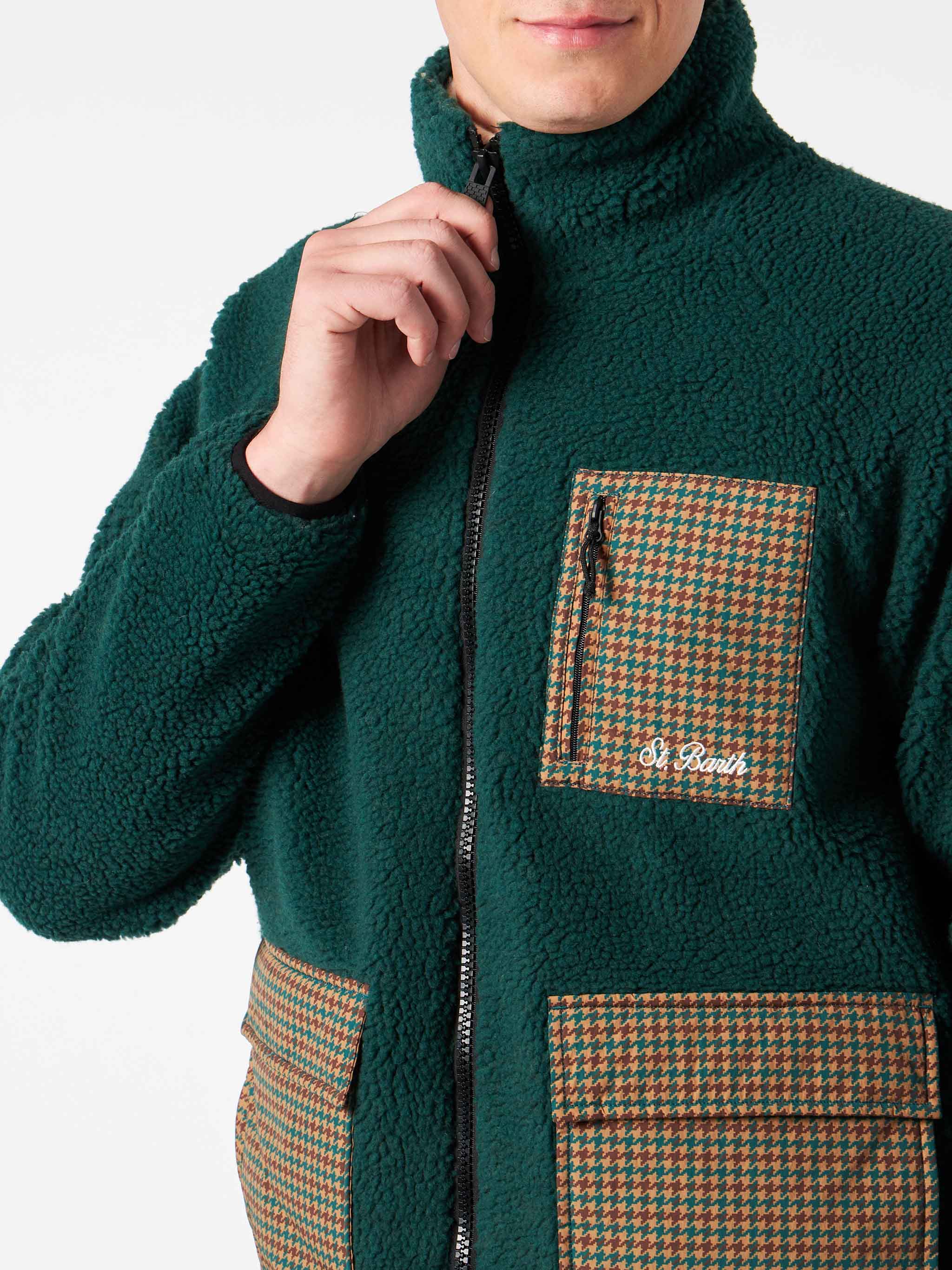 Groene sherpa-jas voor heren met geruite opgestikte zakken