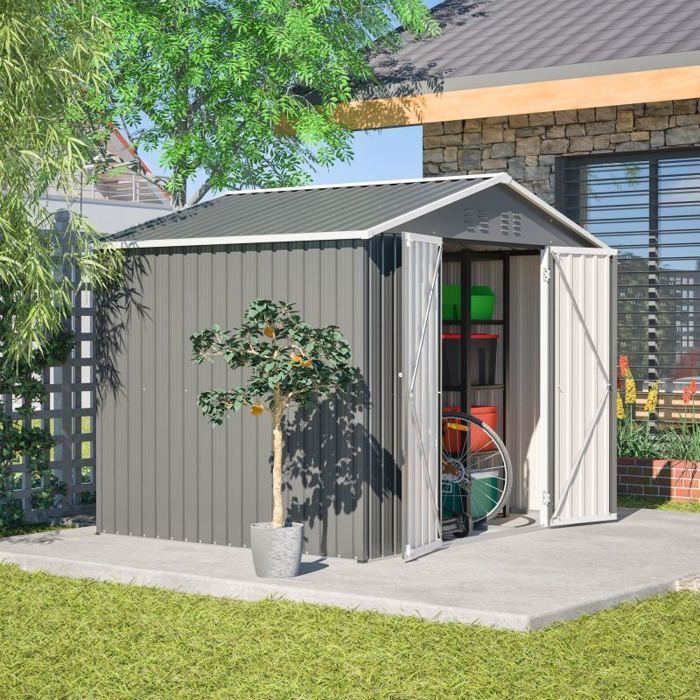 Caseta de jardín metálica - LANGTU - 229 x 180 cm - Antracita - Puerta doble de 106 cm - Acero galvanizado resistente a la corrosión