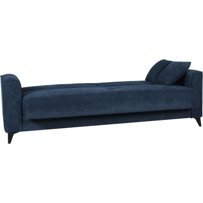 Canapé convertible 3 places - BERGAMO - Tissu bleu foncé - 2 coussins - coffre de rangement -  230 x 85 x 89 cm