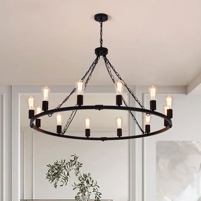 Lámpara de araña - GANEED - Vintage - 12 luces - Metal negro - Abedul blanco - E27