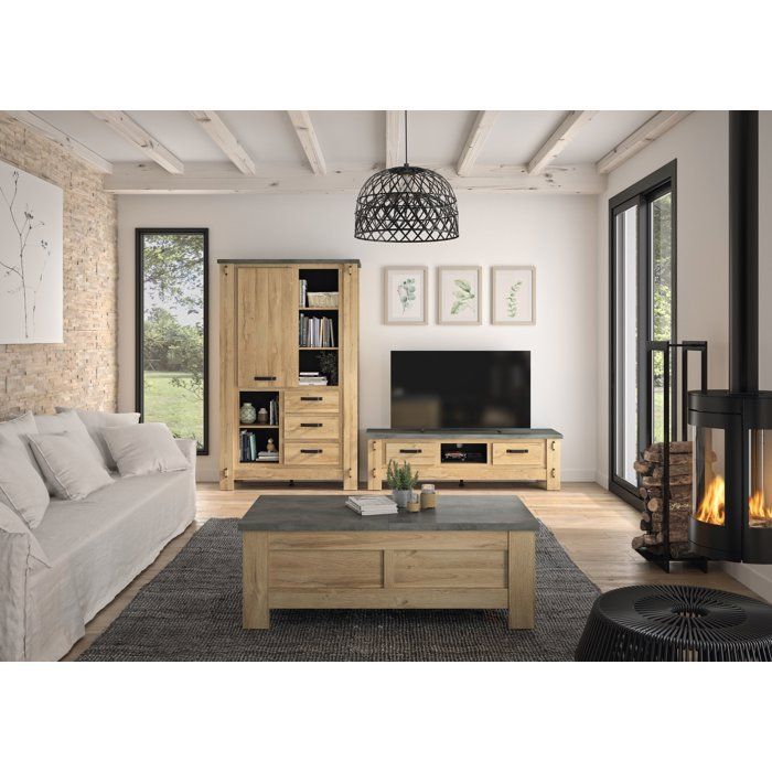 Aparador alto BROCELIANDE – Acabado en roble claro – 1 puerta + 3 cajones – 124 × 50 × 202 cm – GAMI