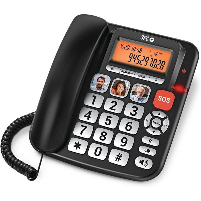 Teléfono fijo adaptado para personas mayores - SVATV - Botones grandes - Timbre de 97 dB - Pantalla retroiluminada - Amplificador de +20 dB - Botón SOS