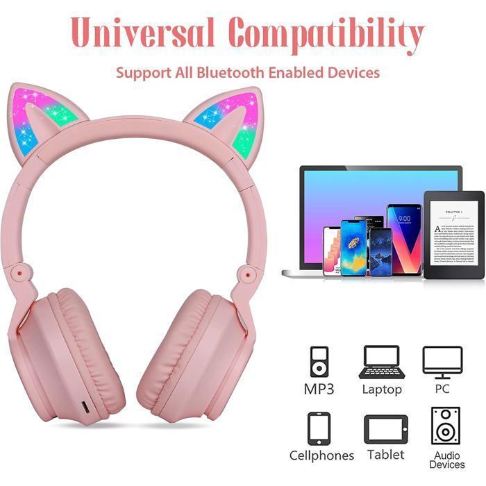 Kids Wireless Bluetooth Headphones: Foldable Cat Ears + LED + Microphone + Card Slot