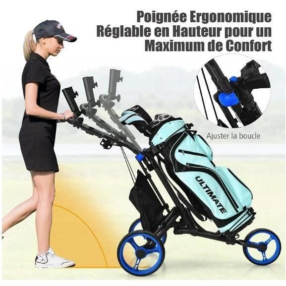 GYMAX 3-Wheel Folding Aluminum Golf Trolley with Adjustable Handle, Rear Wheel with Brake and Umbrella Holder, Blue