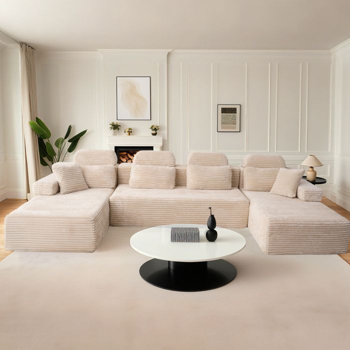 Sofá modular extragrande em formato de U com 2 chaises, estofamento confortável em veludo cotelê com espuma viscoelástica, sem necessidade de montagem, bege
