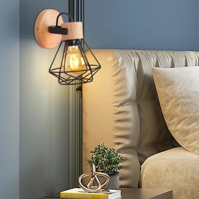 IDEGU Applique Murale Industrielle, 16CM Vintage Lampe Murale Interieur en Bois Fer Rétro Réglable E27 Éclairage Mural Noir pour