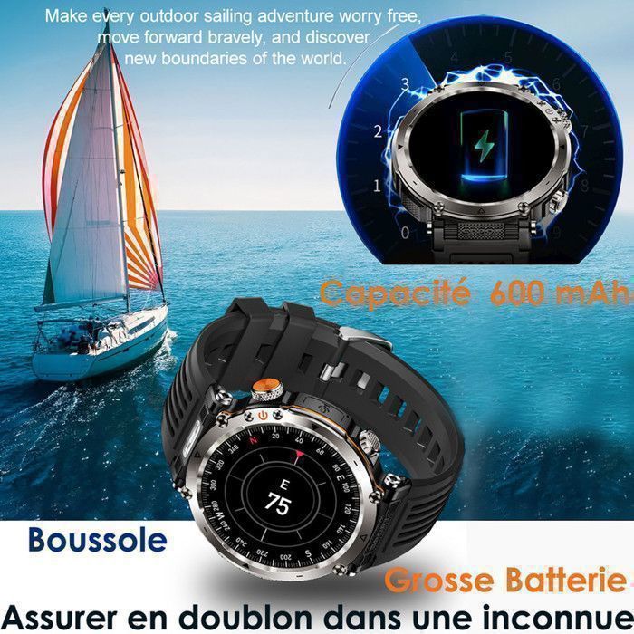 Smartwatch masculino de 1,7 polegadas, 3 pulseiras (aço, couro e silicone), coroa digital, função de chamada, bússola, SOS, sirene, 2 LEDs, branco fluorescente, 600mAh