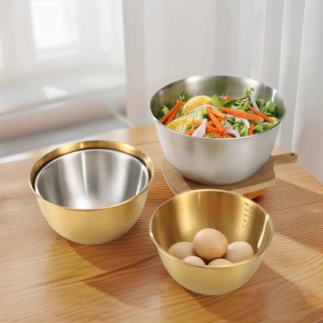 Saladier en acier inoxydable doré et argenté de 17 cm avec graduation, bol pour nouilles de riz et nouilles lamian, vaisselle de cuisine, récipient alimentaire
