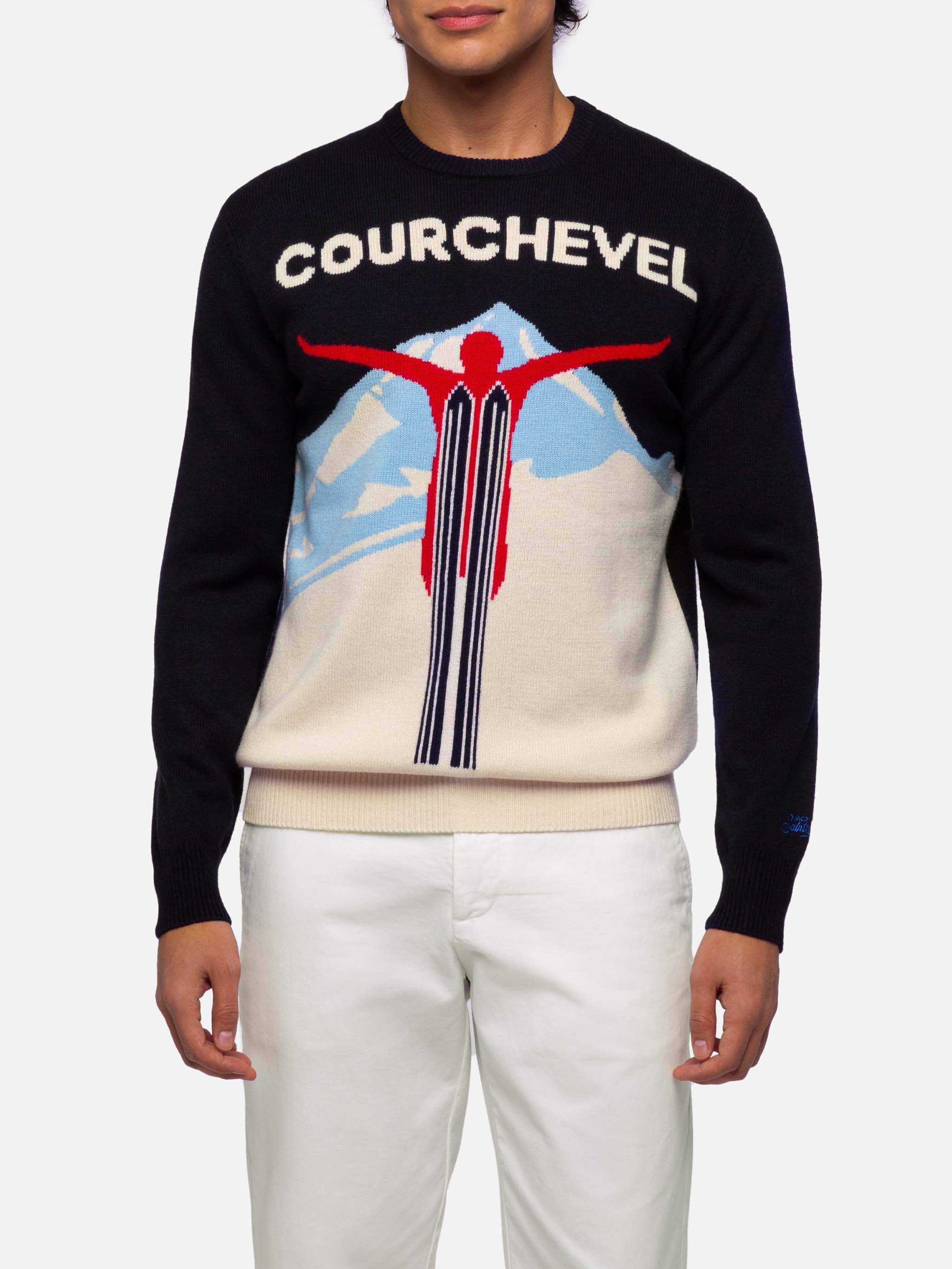 Trui met reigermotief en ansichtkaart met Courchevel-jacquardstof