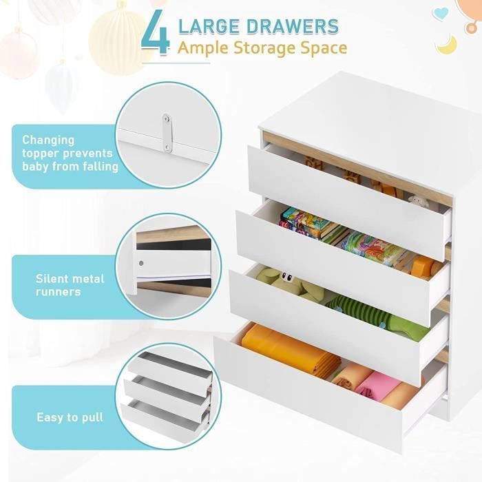 Cambiador WOLTU, cómoda cambiador para bebés con 4 cajones, MDF y madera de ingeniería, 80x75x109,2cm, blanco WT008ws