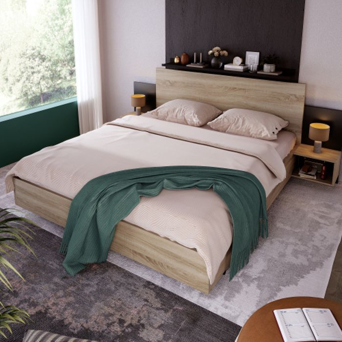 Lit adulte lit en bois avec 2 tables de nuit Ensemble de chambre - gris foncé 160 x 200 cm