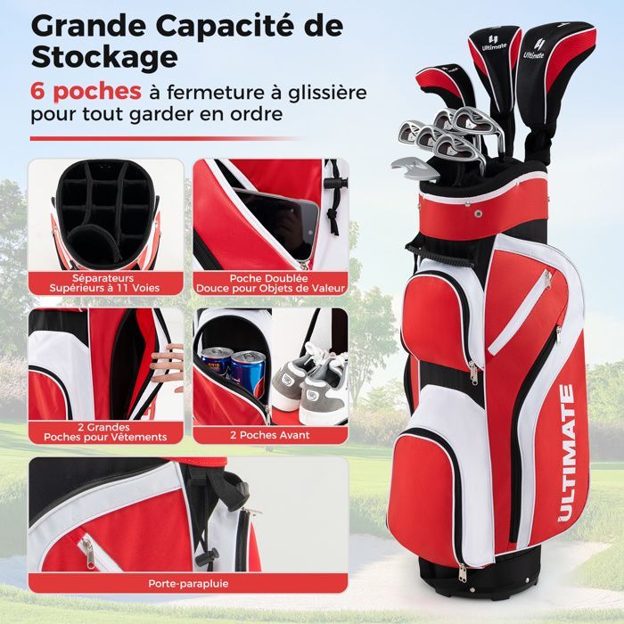 Bolsa de golf trípode para mujer COSTWAY, juego de 9 palos de golf con bolsa de transporte portátil y 3 protectores de cabeza rojos.