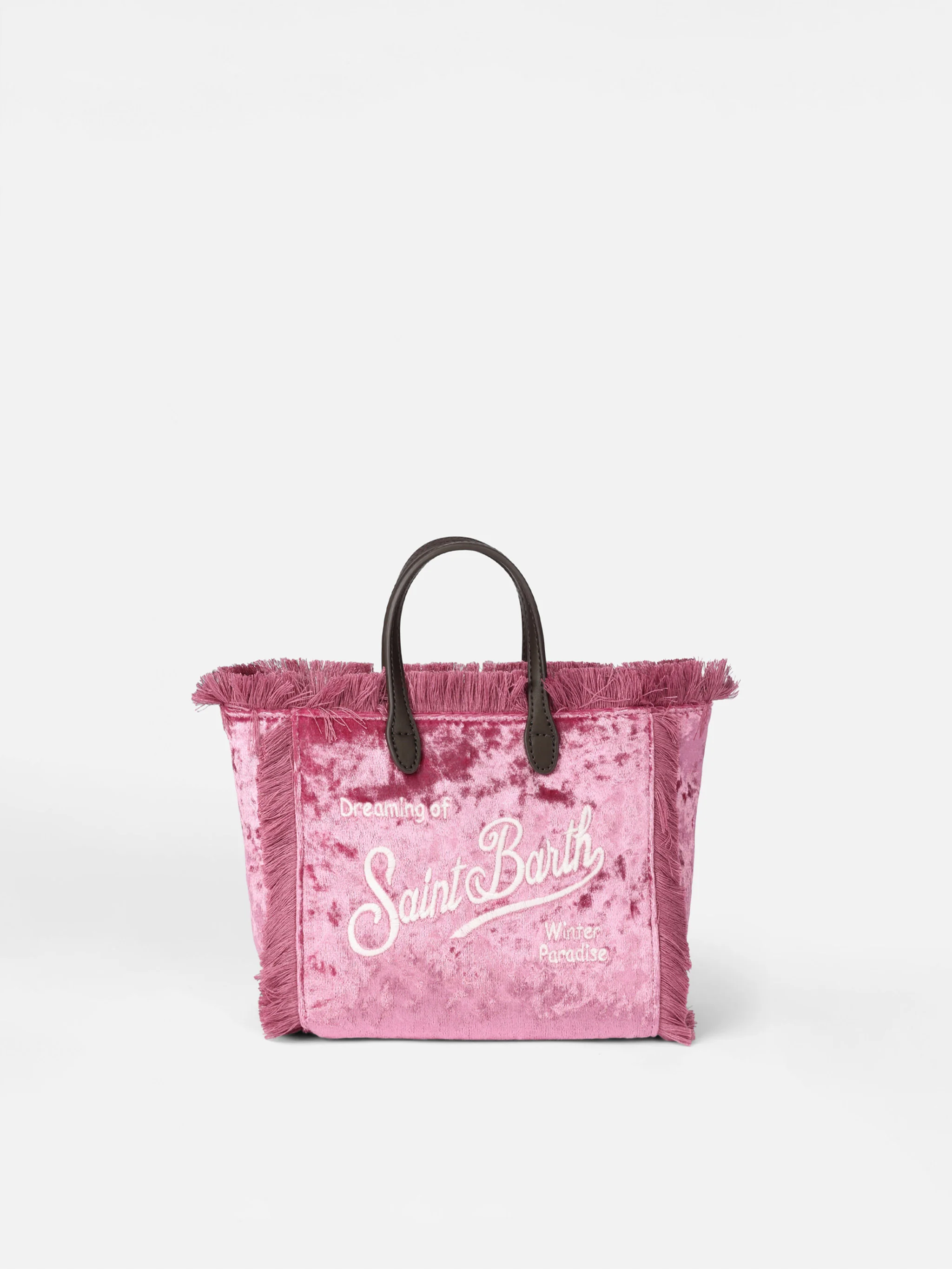 Mini Vanity Fringed Handbag in Pink Chenille Fabric with Logo, Inner Flap with Zip, Inside Pocket, Detachable Shoulder Strap | MC2 Saint Barth
