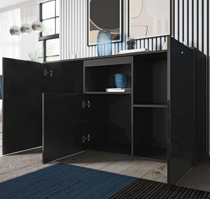 Dressoir met 3 deuren voor de woon- of eetkamer | Opbergruimte | 140 x 82 x 40 cm | Zwart met hoogglans afwerking | Nevada