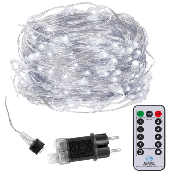 Lampki choinkowe z pilotem 300 led na prąd biały zimny