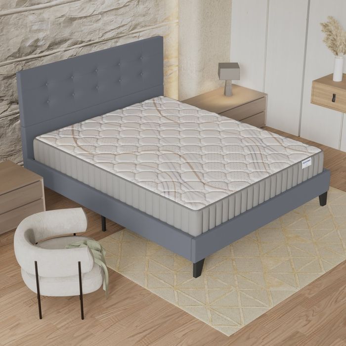 Colchón y cama (140x200cm) - Sirius 16cm Látex natural y espuma de alta densidad + Base de láminas estable y cabecero tapizado en gris