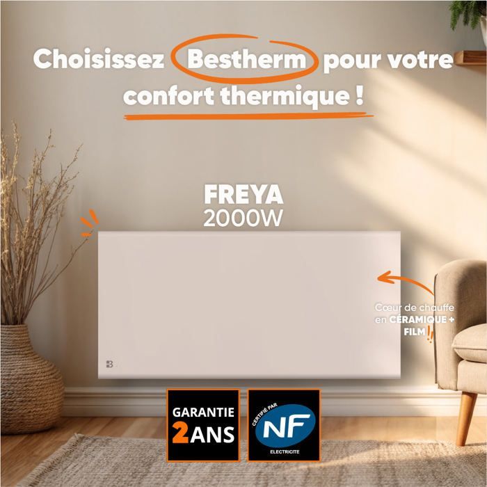 Fixed electric radiator with dry inertia - Dual heating core - BESTHERM - FREYA 2000W - horizontal white - NF